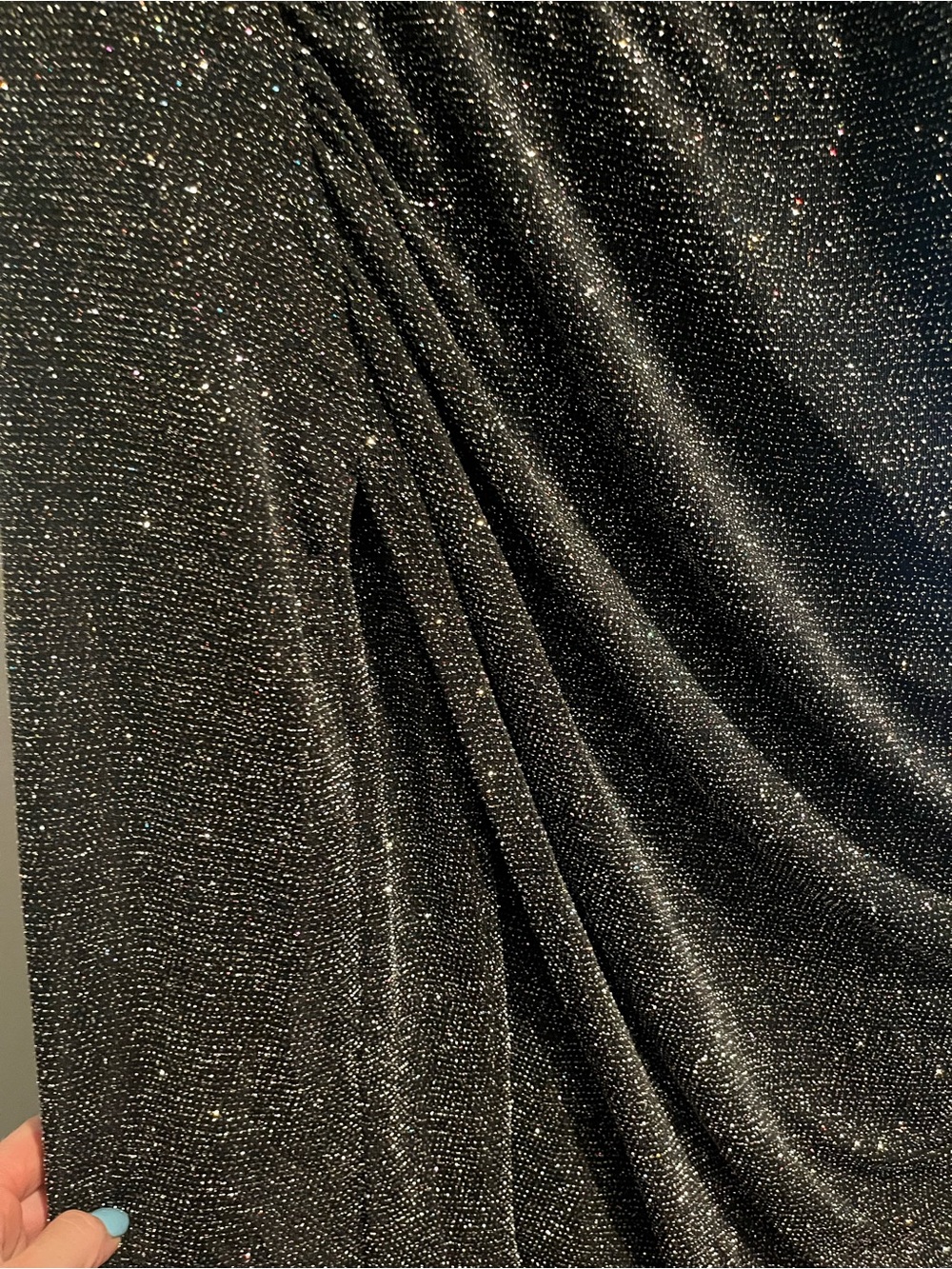 White Birch Women’s Black Sparkle Draped Midi Dress one sleeve - Picture 5 of 12